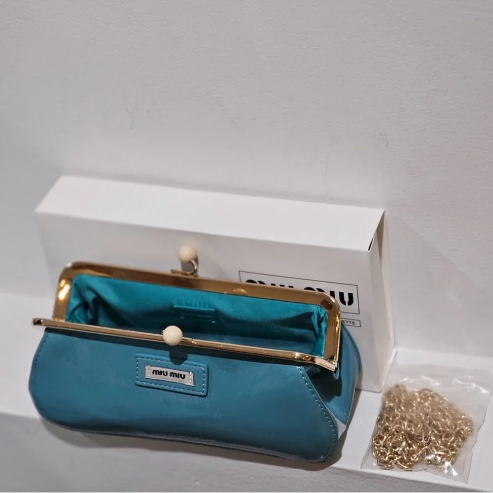 Miu Miu Teal Blue Patent Leather Kiss-lock Clutch GWP VIP ITEM NWB - Picture 7 of 7